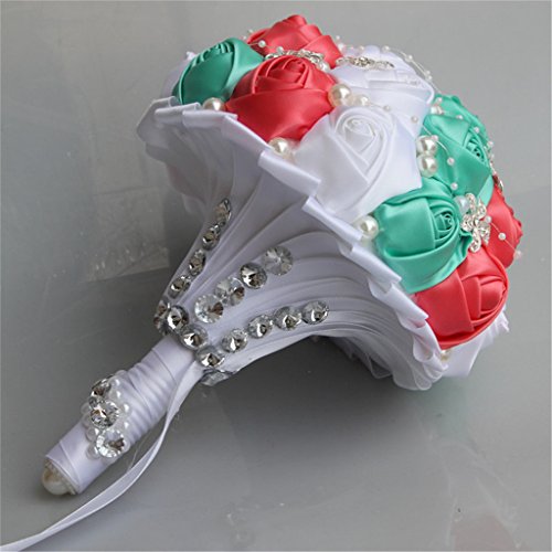 S_SSOY Wedding Bouquet Bride Bridal Brooch Bouquets Bridesmaid Bouquet Diamond Pearl Ribbon Valentine's Day Confession Party Church with Free Corsage Flower, Pink+Green+White - color: Pink+green+white