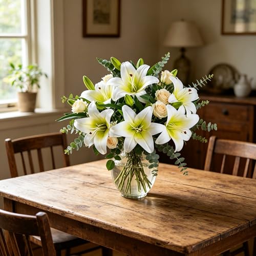 Kimura's Cabin 6Pcs White Tiger Lily Artificial Flowers Real Touch Fake Lilies with Stems Faux Lilys Plants for Spring Floral Wedding Arrangements Bouquet Easter Home Table Centerpiece Decor - color: Green Heart White