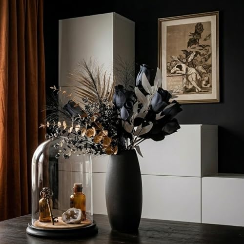 Luxurious Black and Gold Artificial Rose Bouquet, 17-Inch Metallic Eucalyptus Leaves and Faux Silk Flowers, Suitable for DIY Home Decoration, Modern Gothic Dining Table Centerpiece(Vase Not Included) - color: Gothic Black Gold - 2