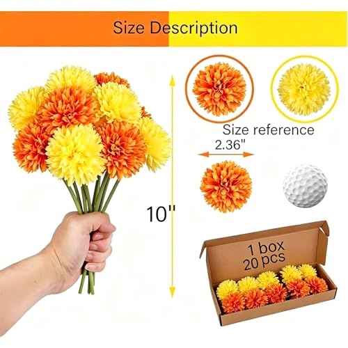 12pcs Yellow Orange Artificial Flowers Fake Flowers Silk Artificial Chrysanthemum Ball Hydrangea Bridal Wedding Bouquet for Home Garden Party Decor (Yellow,Orange) - color: Yellow,orange