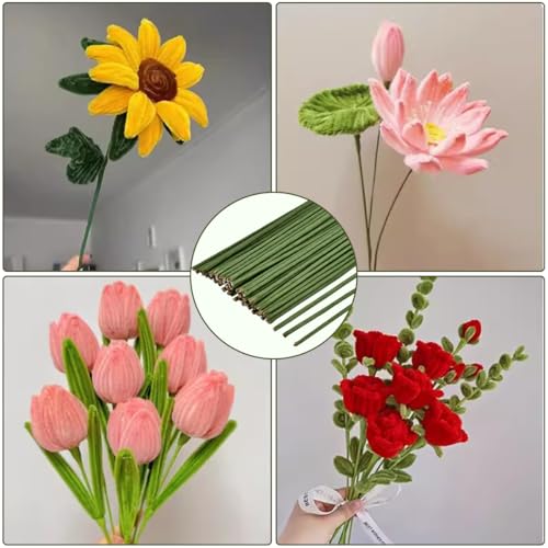 FOCCTS 60 Pack Floral Wire Stems, 2 Gauge 16 Inch Artificial Flower Stem Rods Green Sticks for Flower Bouquet, Wire Wreath Making Supplies
