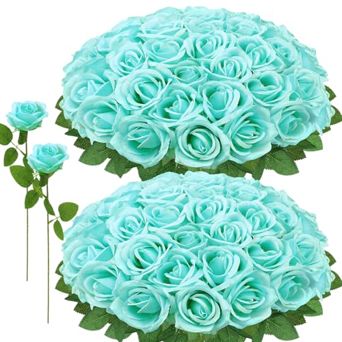 72 Pcs Artificial Roses Turquoise Fake Silk Roses Realistic Roses Faux Flower Indoor Wedding Home Decor, Birthday Decorations - color: Turquoise