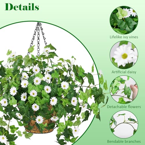 Krissing 2 Pack Artificial Hanging Flowers with Baskets for Outdoors UV Resistant Fake Ivy Plants Greenery Faux Silk Daisy Flowers for Outdside Garden Porch Balcony Summer Home Decor (White) - color: White, size: 6pcs with 2 baskets