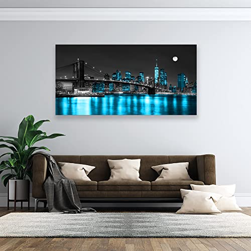 Wall Art Canvas Painting Black White and Blue New York Brooklyn Bridge 1 Piece Cityscape Night Building Picture Poster Print Framed for Living Room Bedroom Kitchen Office Home Decor - color: Black, size: 71"L x 36"W