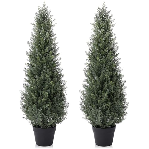 Laiwot 3FT Artificial Cedar Topiary Trees for Outdoors Potted Fake Cypress Trees Faux Evergreen Plants for Home Porch Decor Set of 2 - size: 3ft