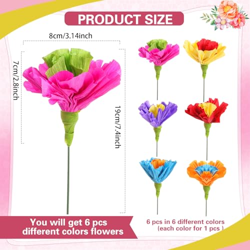 Ctosree 6 Pcs Mexican Paper Flowers Artificial Rainbow Crepe Paper Flowers Bunch with Stems De Papel para Decoracion Mexican Fiesta Assorted Flower Centerpieces for Fiesta Cinco De Mayo Party Home - color: Bright