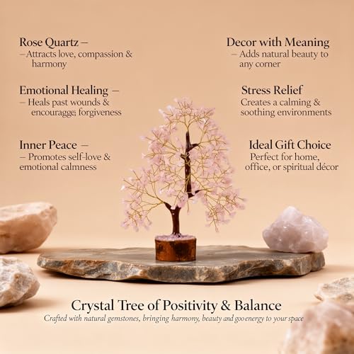 ANAYA AGATE Crystal Tree of Life Rose Quartz Healing Crystal Trees for Home & Office Decor, Handmade Gem Money Bonsai Trees for Positive Energy, Good Luck Decor, Birthday Gifts for Women, Mom - color: Rose Quartz Golden Wire