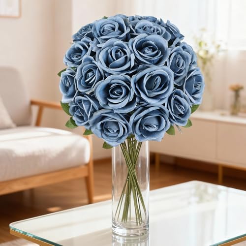 20PCS Artificial Roses with Long Stems - Realistic Silk Flowers, Fake Roses Real Touch Bouquet of Roses for Mother's Day, Home Decor, Bridal Wedding Party, Bulk Faux Rose Flowers (Dusty Blue) - color: Dusty Blue, size: 20 PCS