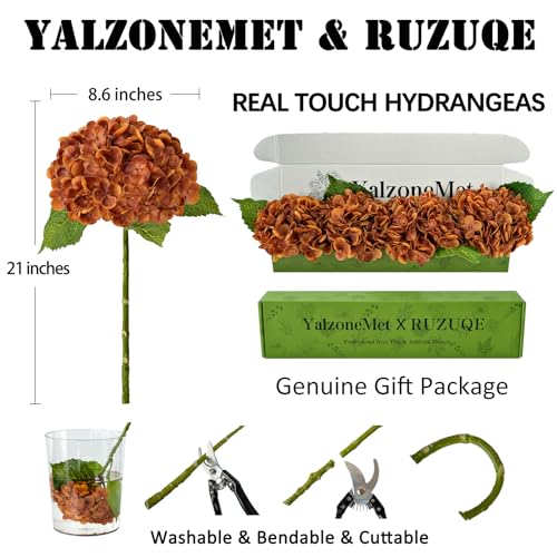 YalzoneMet 4 Pcs Orange Brown Hydrangea Artificial Flowers 21‘’ Real Touch Latex Hydrangea Fake Flowers for Fall Home Decor Party Kitchen Bedroom Bronze Vintage Flower Table Centerpieces - color: Orange Brown