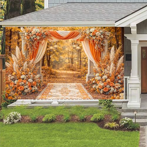 5X3ft Floral Photography Backdrop, Retro Flowers Backdrop Dreamlike Wedding Portrait Photo Background Romantic Wedding Birthday Bridal Shower Engagement Party Background Banner Decor, Orange-3 - color: Orange-3, size: 5x3ft