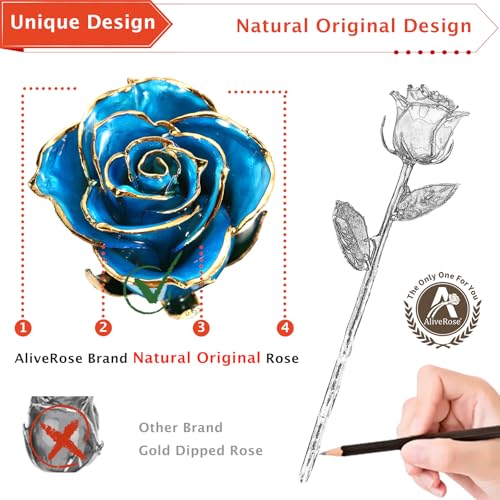 AliveRose for Her, 24K Gold Rose Made from Real Rose - Unique Design Gold Plated Rose for Anniversary Valentines Mothers Day Birthday Gifts (TealBlue Original Rose with Crystal Vase) - color: 5. Tealblue Original Rose With Crystal Vase