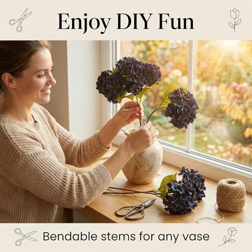 TOPIA Black Silk Flowers Artificial Silk Dried Hydrangea Flowers Artificial Fall Flowers Bouquet Dried Flowers for Home Decor(6 PCS) (Black) - color: Black