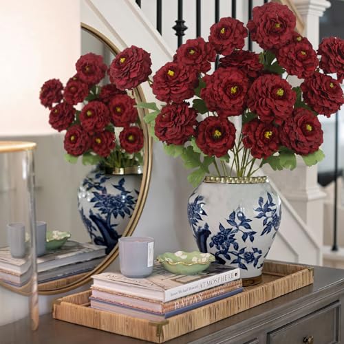 3 Pcs Artificial Flowers Spring Summer Red Zinnia Silk Flowers with Long Stems Zinnia Elegans Artificial Flowers for Outdoors Floral Arrangements Table Centerpieces Wedding Party Home Decor - color: Red