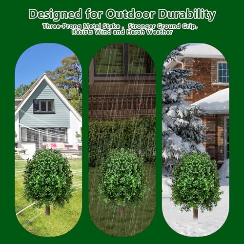 25" Artificial Boxwood Topiary Ball Tree - 2-Pack Realistic Touch Dual-Tone UV-Resistant Outdoor Fake Plant with Triangular Stake & Natural Trunk Texture, Faux Topiary Bush for Garden Porch Decor