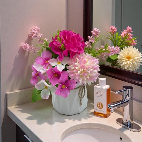 2 Potted Red Hydrangea Artificial Flowers Bathroom Decorations，Faux Silk Chrysanthemum Floral Hydrangea Plant Small Fake Flower Bouquet Coffee Table Decor for Living Room Home Kitchen Office - color: Red