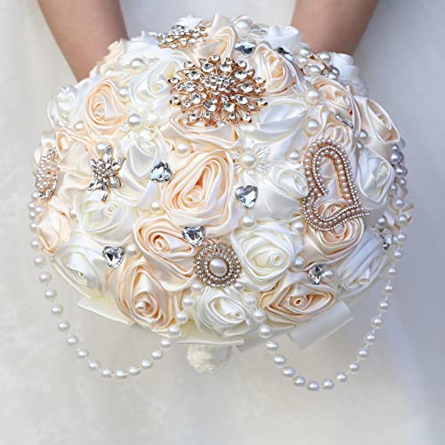 Ivory and Champagne Bridal Wedding Bouquet with Rhinestone Brooch Pearl String Cascade Bouquet for Bride Bridesmaid Quinceanera Satin Rose Flower Bouquet Wedding Champagne and Ivory 9.8in - color: Champagne & Ivory, size: Extra-large (DIA. 9.8"/25cm)