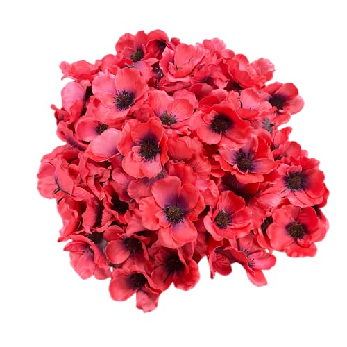 Rikyo 100 pcs Rose Red Artificial Silk Poppy Anemone Flower Heads 7cm Autumn Fake Poppy Flower, Vase Fillers, Corsages for Wedding Decor, Nursery Wall, Archway Decor Wreath Garland Cake Ornaments - color: Rose Red