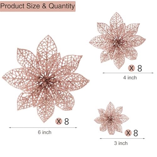 Wironlst 24 Pieces Glitter Poinsettia Flowers Christmas Tree Ornaments, Glitzy Poinsettia Bushes Christmas Decorations for Xmas/Holiday/Seasonal/Wedding (Rose Gold) - color: Rose Gold