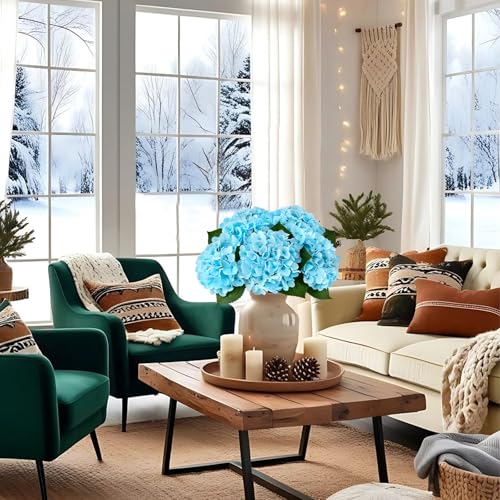 ZYTUYO 5PCS Sky Blue Hydrangea Artificial Flowers Small Fake Latex Real Touch Hydrangeas Flowers with Stems Faux Silk Bouquet for Home Decor Table Wedding Party Outdoor Centerpiece - color: Sky Blue