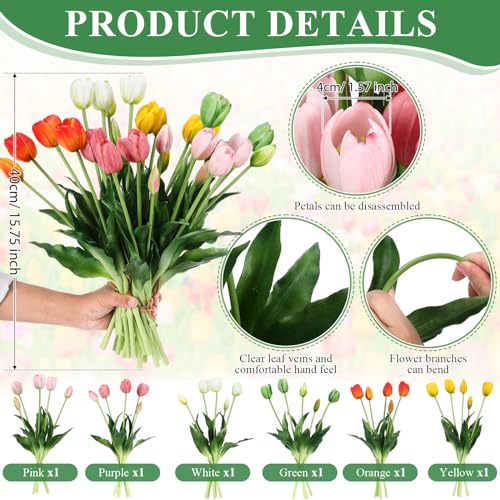 Riceshoot 30 Pcs Artificial Tulips Flowers 6 Bunches Faux Tulips Bouquets Arrangements Realistic Flowers for Office Wedding Party Kitchen Decoration(Multicolor) - color: Multi Color