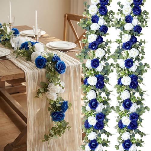 Riceshoot 6 Pcs 26 ft Artificial Eucalyptus Vines Garland with Flowers Faux Floral Greenery Garlands Rose Wreath for Wedding Party Arch Table Decor Backdrop Decorations (Blue and White) - color: Blue and White