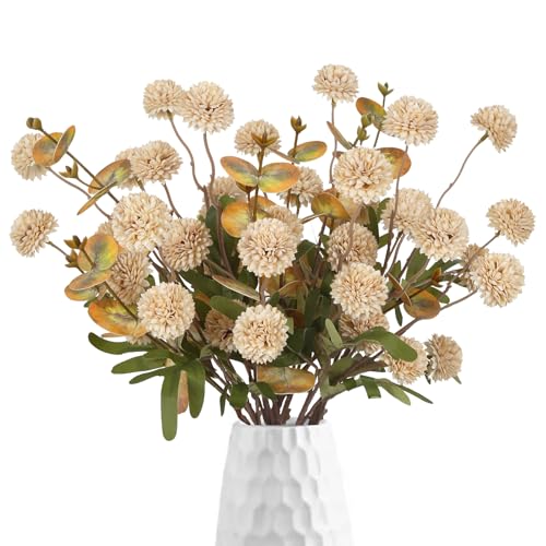 8 Stems Faux Kiku Flower with 3 Branches Eucalyptus Stems,Beige Fake Chrysanthemum Flowers Artificial Silk Pom Pom Balls for Wedding Bouquet Home Office Party Floral Arrangements(Beige) - color: Beige