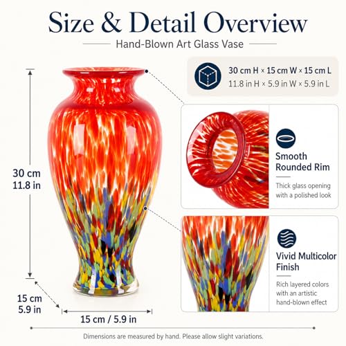 olirum 11.8" Tall Hand Blown Red Art Glass Vase, Colorful Speckled Opaque Vase for Flowers, Table Centerpiece Decor, Living Room Dining Table, Shelf Mantel Display (Red) - color: Red