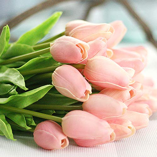 AMZALI Artificial Flowers Real Touch Mini PU Tulips Bouquet Fake Tulips Flowers Arrangement Artificial Plants for Wedding Centerpiece Room Home Hotel Party Event Christmas Decor Pink Set of 20 - color: Pink, size: 20PCS