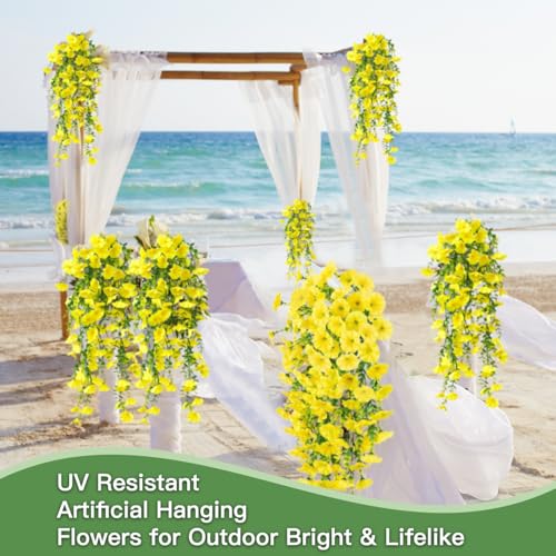 Artificial Flowers for Outdoors Fake Morning Glory Hanging Flower Decoration, 6 Pcs Realistic Faux Plants Petunias Trailing Vines, Spring Summer Decor for Porch Patio Balcony Planter Yard(Yellow) - color: Yellow, size: 6 Pcs