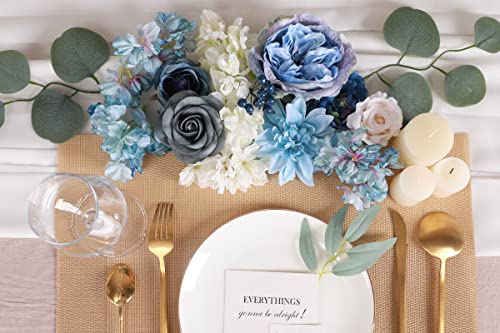 Floweroyal Artificial Flowers Combo Dusty Blue Flowers Mix Silk Flowers Dahlia Roses with Stems for DIY Wedding Bridal Bouquets, Baby Shower, Floral Arrangement, Table Centerpieces, Home Decorations. - color: Blue