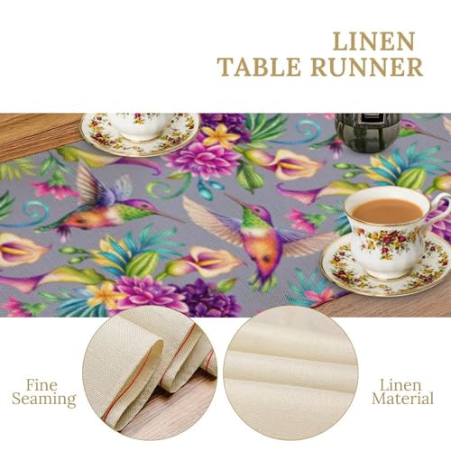 Hummingbird Table Runner,Spring Purple Hydrangea Floral Plants Table Runner for Holiday Kitchen Living Room Home Party Decor 13x36 Inch - color: Hummingbird-4, size: 13x36in