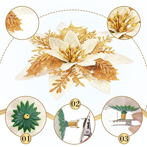 Geosar 36 Pcs Christmas Glitter Artificial Poinsettia Flowers Xmas Poinsettia Artificial Wedding Flowers Decorations Xmas Tree Ornaments with Clips for Party, 6 Inch, 4 Inch, 3 Inch(Gold) - color: Gold
