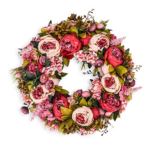 BOMAROLAN Artificial Peony Flower Wreath 19Inch Vintage Blooming Silk Peonies Spring Summer Fall Winter Large Wreaths Flower Green Leaves for Outdoor Front Door Indoor Wedding Wall Or Window Décor - color: Dark Pink