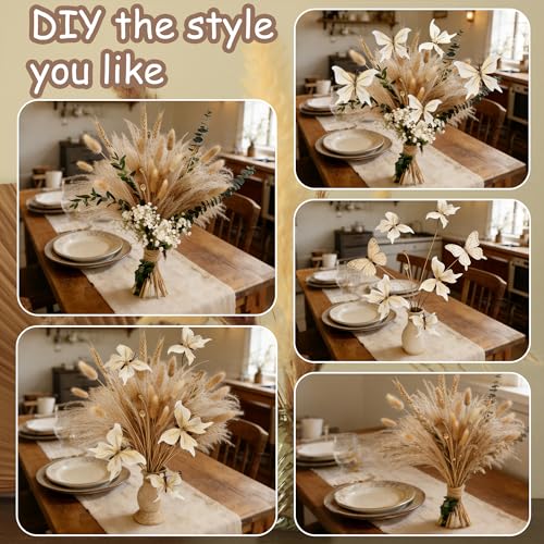 Pampas Grass Dried Flower Bouquet for Boho Home Decor | Eucalyptus, Butterflies & Bunny Tails Arrangements for Vase, Moody Office,Bedroom Table Centerpiece Décor - color: Natural