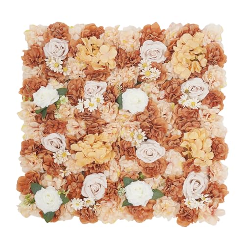 12Pcs Artificial Flower Wall Panel 3D Floral Backdrop Walls 15" X 15" Flower Wall Decor Flower Backdrop Faux Rose Panel for Party Home Background, Brown Champagne - color: Caramel Brown, Champagne