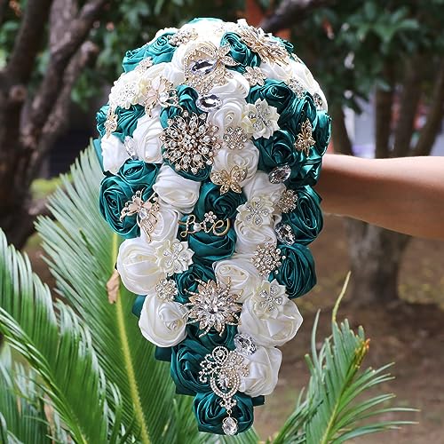Luxury Cascade Bridal Wedding Bouquet Satin Rose Waterfall Holding Bouquet Artificial Flower Bunch for Bride Bridesmaid(Dark Green & Ivory, 15" x 7.5") - color: Dark Green & Ivory, size: 15"L x 7.5"W(38cm x 19cm)