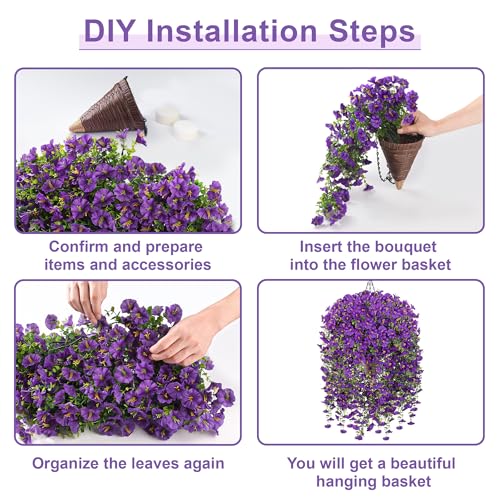 Artificial Hanging Flowers with Basket, 480 Blooms UV Resistant Faux Morning Glory Silk Plants, Fast & Easy Assembly Fake Hanging Baskets for Outdoor Porch Patio Garden Decor, Purple - color: Purple
