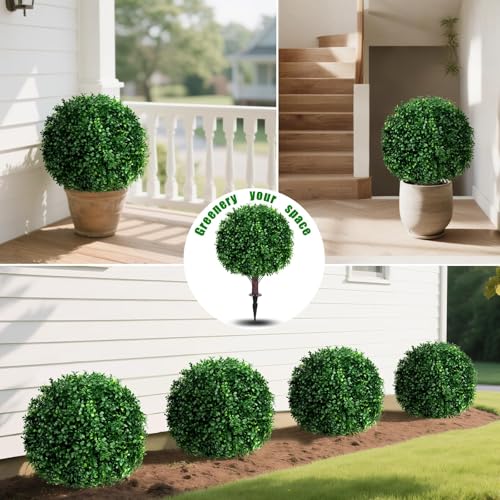 Yangrass Artificial Boxwood Topiary Ball Tree Set of 4, UV Resistant Artificial Outdoor Shrubs with Spike, Decorative Evergreen Fake Topiary Bushes Plant for Front Porch Garden - color: Boxwood 4pc