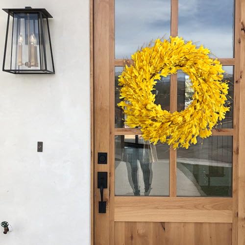 22inch Artificial Forsythia Flower Wreaths Spring Summer Fall Wreath Silk Leaves Wreath for Front Door Wreaths Porch Farmhouse Patio Garden Home Decor (Yellow) - color: Yellow