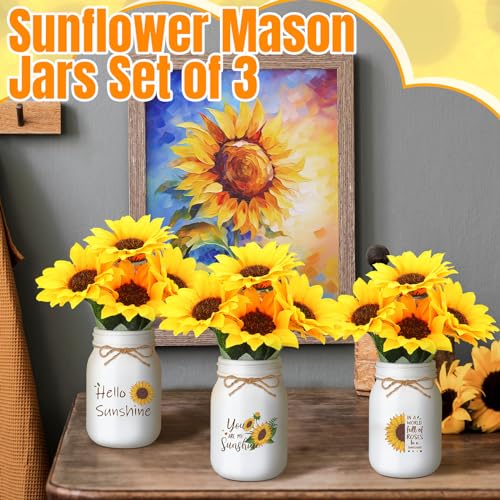 Ziliny Artificial Sunflower Decor Set of 3 Sunflower Table Centerpiece with Mason Jar Fake Flowers for Farmhouse Kitchen Dining Table Tiered Tray Wedding Baby Shower Centerpiece