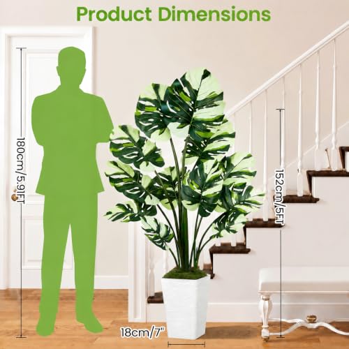 UPBUD Artificial Monstera Deliciosa Plant, 5FT Fake Tree with Real Touch Leaves & White Square Planter, 60in Tall Faux Plants Floor Trees for Indoor Outdoor Home Living Room Office Decor - color: White Leaves White Planter