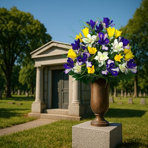 Sympathy Silks Artificial Cemetery Flowers - Grave Decoration - Yellow Tulips and Purple Iris (1) Bouquet - color: Yellow/Purple, size: (1) Bouquet
