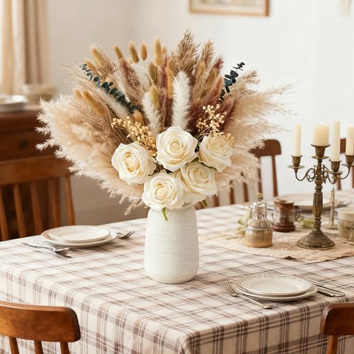 100pcs Dried Pampas Grass with Vase, Includes Artificial Silk Roses, Boho Natural Dried Flowers for Coffee Table Dining Room Home Decor Centerpiece, Farmhouse Rustic Floral Decoration for Living Room