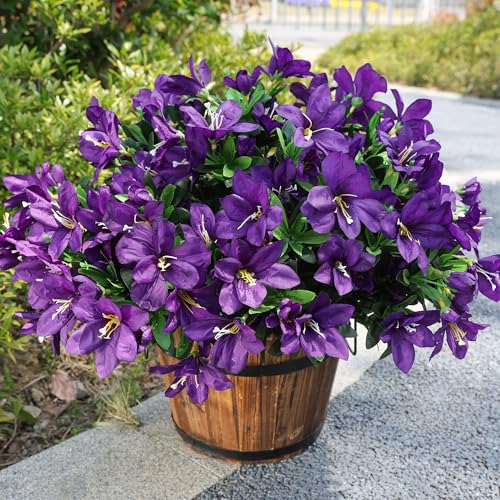 INSPRING Artificial Faux Plants Flowers for Outdoors Spring Decor,3 Bundles Realistic Outside Fake Silk Azalea UV Resistant Outdoor Artificial Flowers for Planter Porch Patio Garden Home, Dark Purple - color: Dark Purple