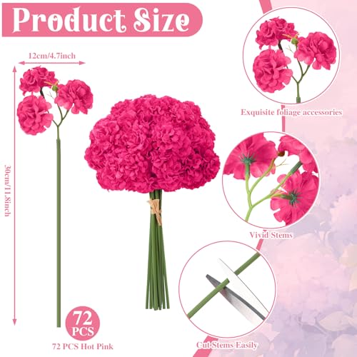 72 Pcs Hot Pink Hydrangea Artificial Flowers, Round Floral Bouquet for Home Decor, Wedding, Party, and Seasonal Decoration, Realistic Fake Flowers for Centerpieces, Aisle, Table Arrangements - color: Hot Pink
