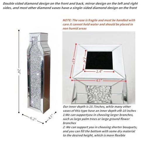 24" Tall Floor Vase, Double Sided Crushed Diamond Mirrored Vases,Large Flower Vase for Home Decor, Mirror Glass Decorative for Living Room,Office,Centerpiece (Crushed Diamond:6.2''L X 4.1''W X 24''H) - size: Crushed Diamond:6.2"L X 4.1"W X 24"H