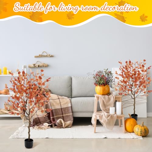 Giegxin 2 Pack 4ft Thanksgiving Day Artificial Eucalyptus Trees with Weaving Plant Baskets Faux Fall Stem with Eucalyptus Leaves Artificial Fall Tree Decor for Thanksgiving Porch Front Home Office - color: Dark Orange, style: Eucalyptus Leaves