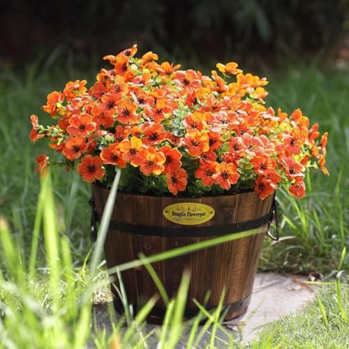 HyeFlora Artificial Fall Flowers Faux Mums for Outdoor Indoor Garden Home Decoration, Faux Flower Daisy with Eucalyptus Leaves Fake Mums Plants Greenery Boxwood Porch Patio, 12 Bundles (Orange) - color: Orange