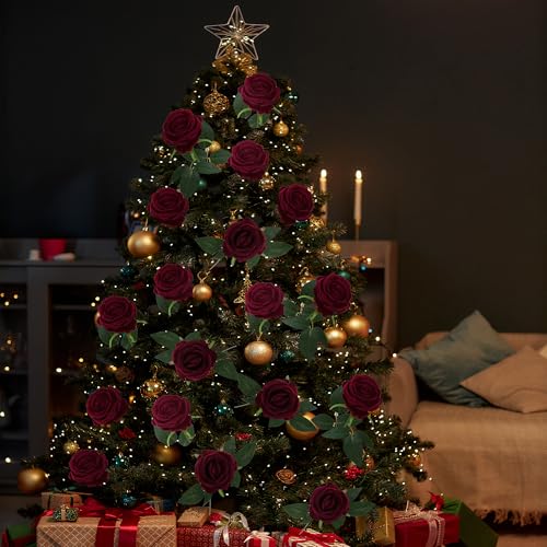 Sggvecsy 50 Pcs Artificial Roses Red Flowers Fake Velvet Silk Roses with Stems Bulk Realistic Faux Flowers for Bridal Bouquets Wedding Centerpieces Valentines Day DIY Home Decor (Burgundy) - color: Burgundy