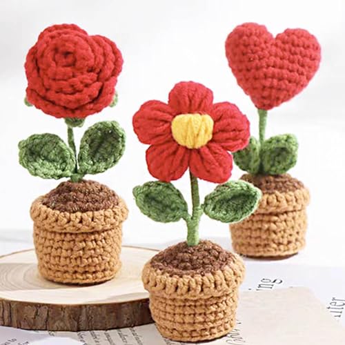 JOONOR 3PCS Mini Crochet Rose Potted Plant,Hand Knitted Red Love Rose Puff Flower for Bathroom Home Kitchen Rustic Table Centerpiece Shelf Decor - color: Color#10